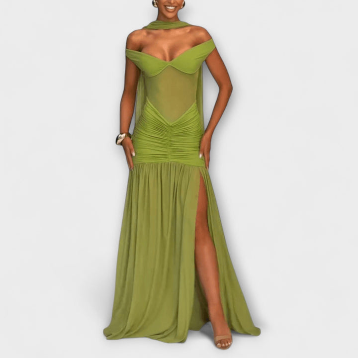 Nicole | Olivfarbenes V-Ausschnitt Maxikleid
