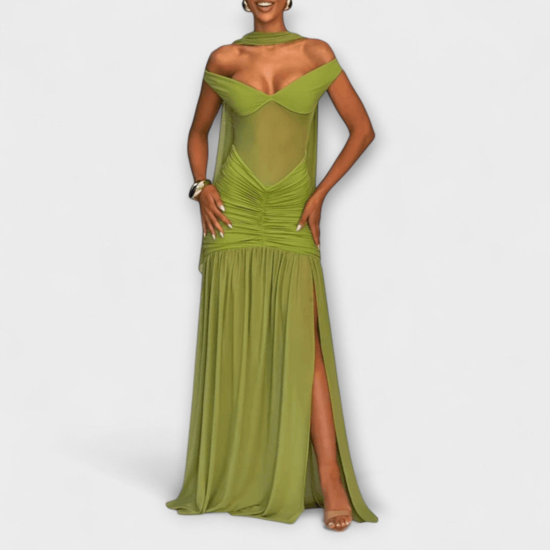 Nicole | Olivfarbenes V-Ausschnitt Maxikleid