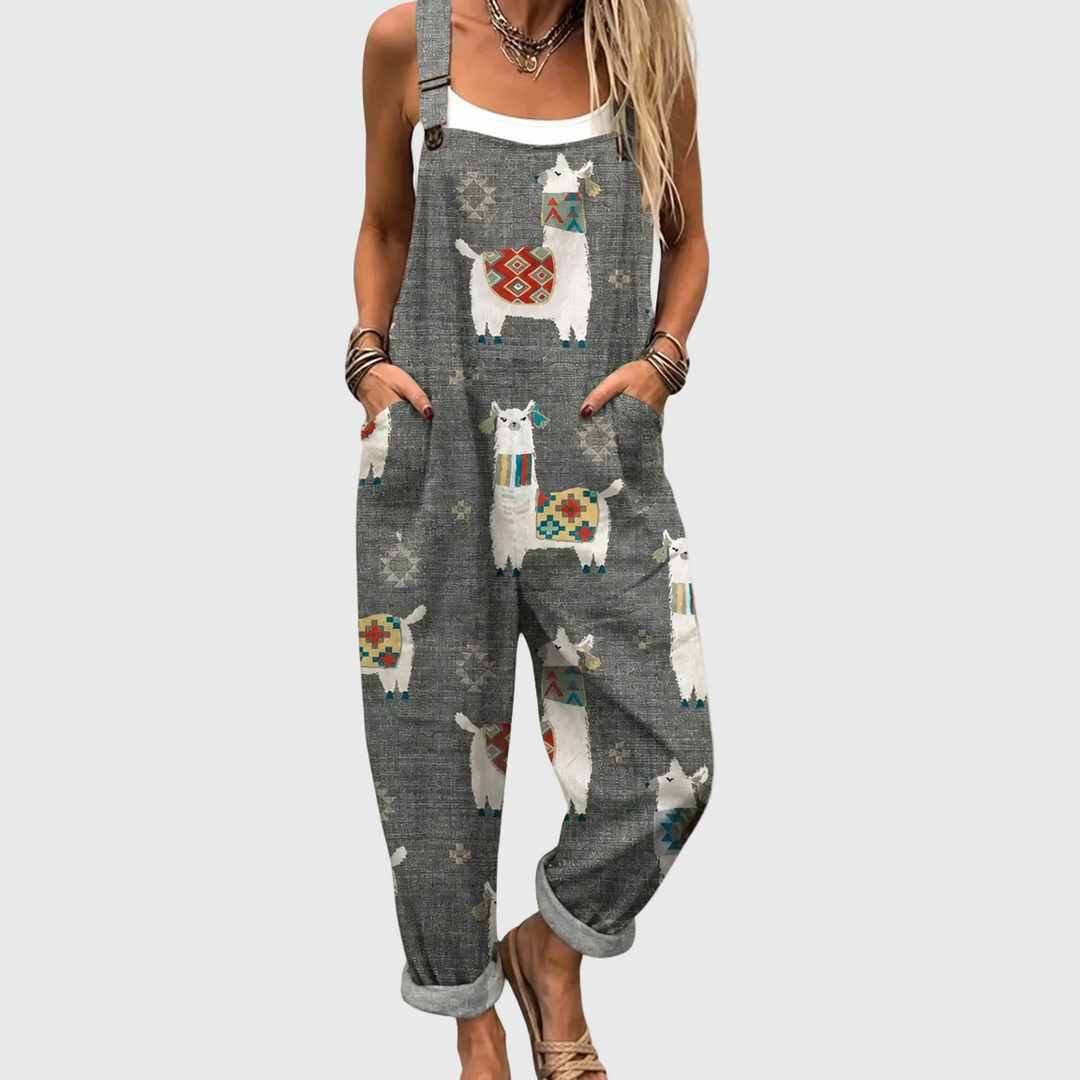 Graue Latzhose mit Lama-Motiv für Damen