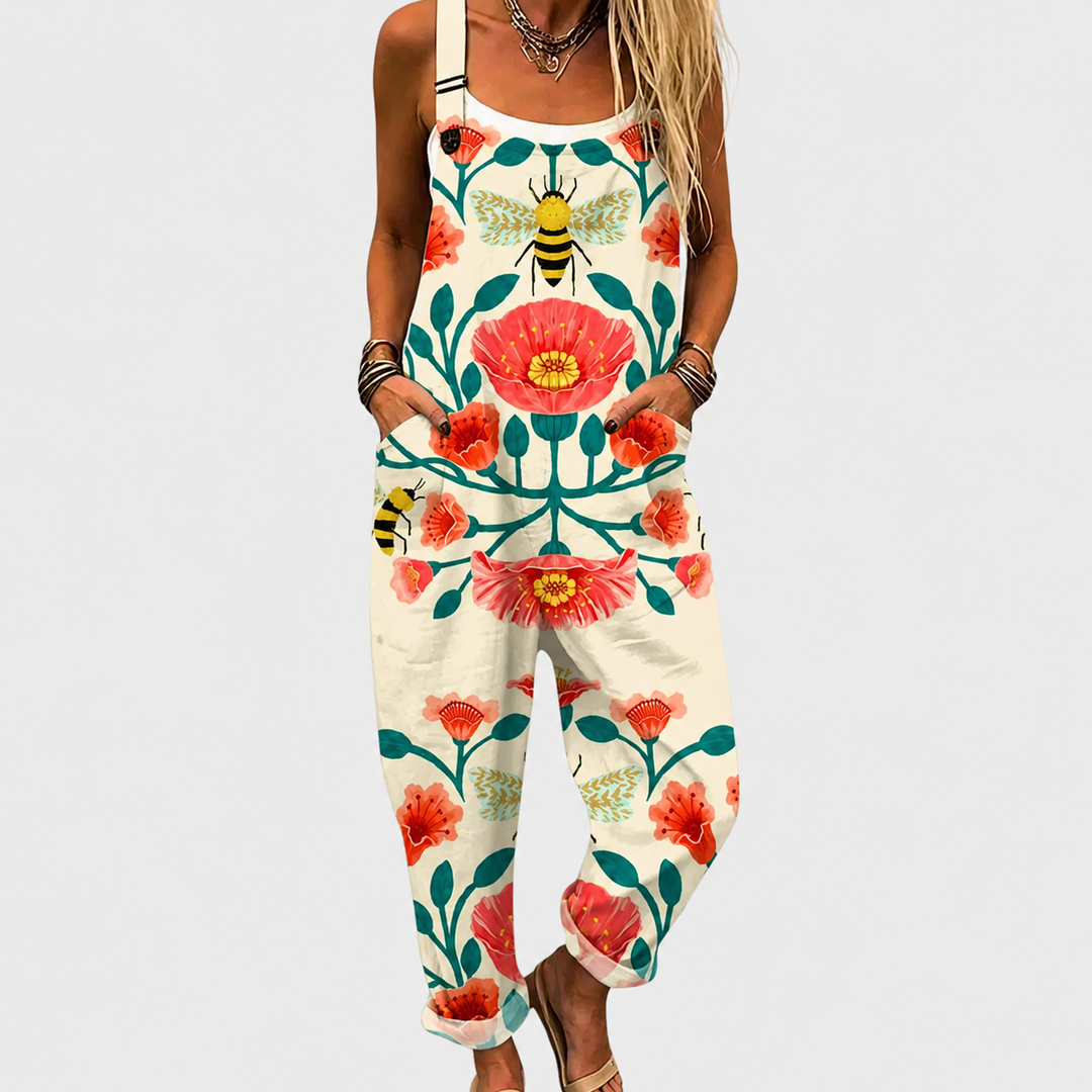 Latzhose mit Bienen und Mohnblumen für Damen