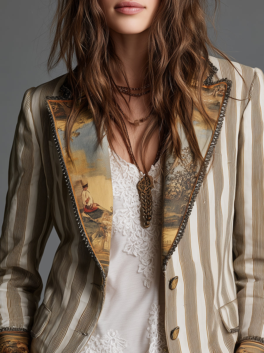 Damen Boho Gestreifter Bedruckter Revers Blazer