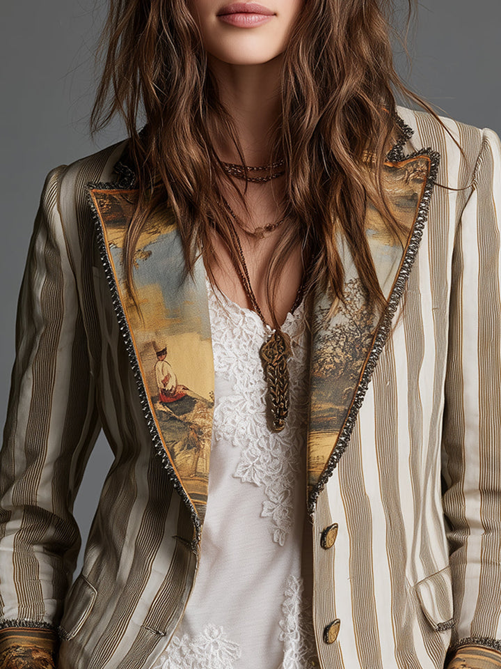 Damen Boho Gestreifter Bedruckter Revers Blazer