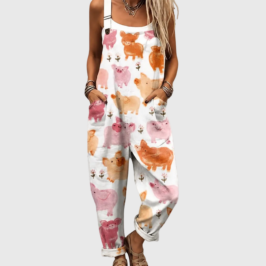 Latzhose mit Aquarell-Schweinchen für Damen