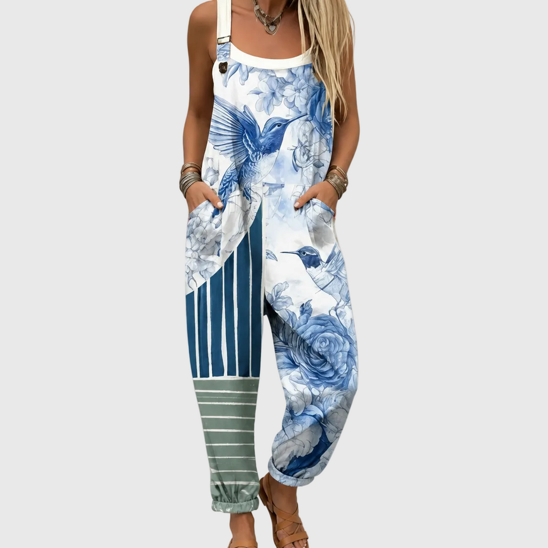 Latzhose mit Kolibris und Rosen für Damen