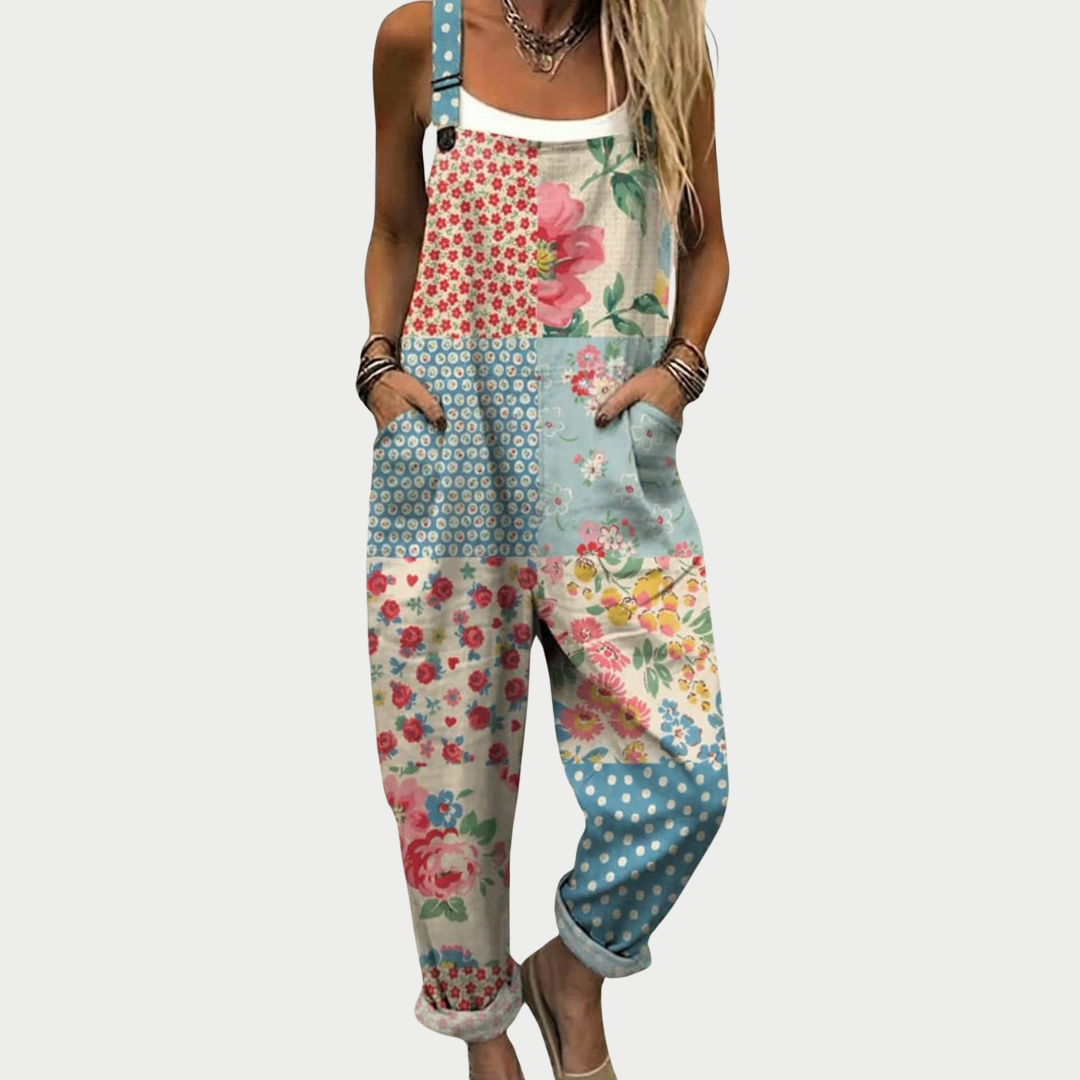Patchwork-Latzhose mit Röschen und Punkten für Damen