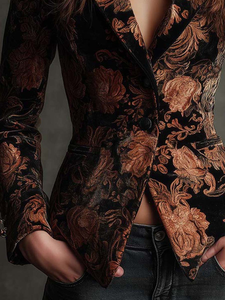 Damen Blazer in Schwarz und Bronze mit Blumenmuster