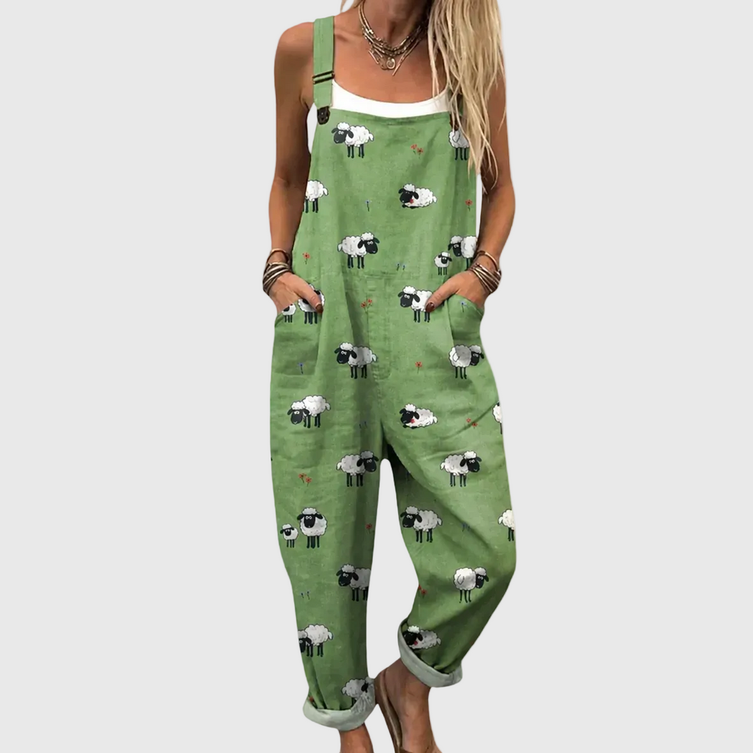 Grüne Latzhose mit Schafen für Damen