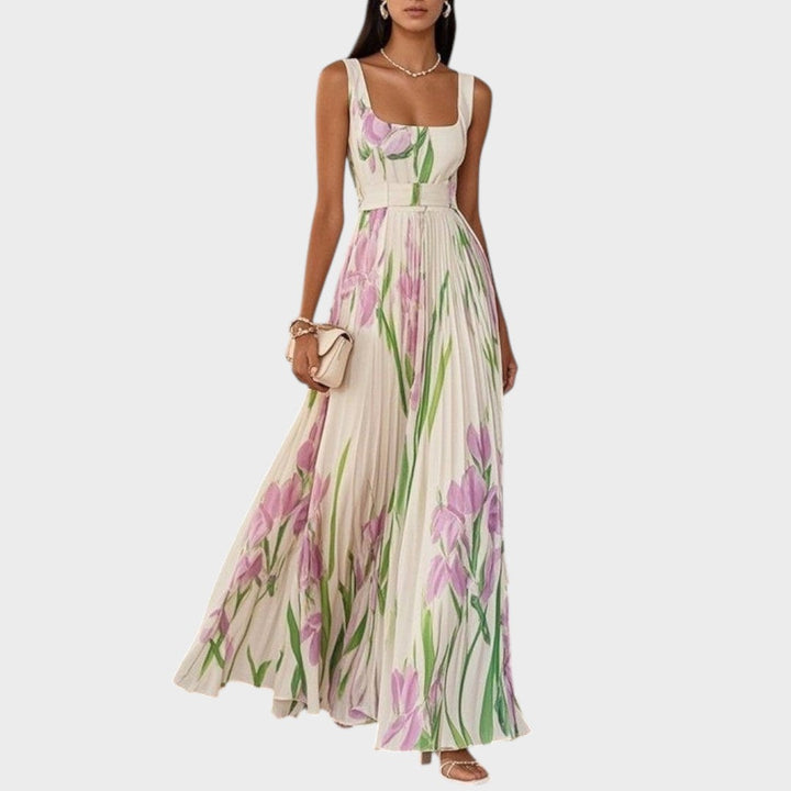 Luxe | Langes plissiertes Kleid mit quadratischem Ausschnitt und Chiffonblumen