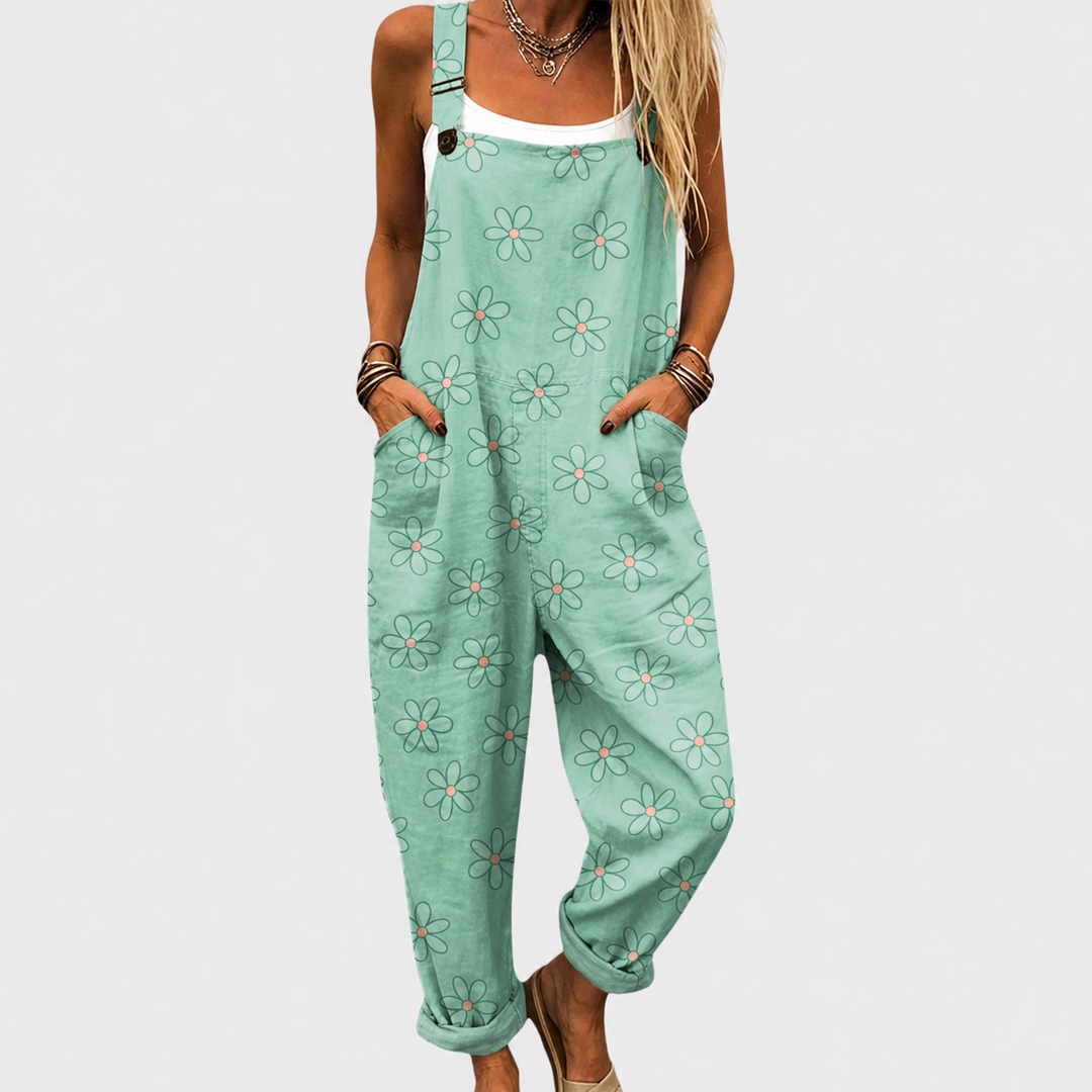 Mintgrüne Latzhose mit Margeriten für Damen