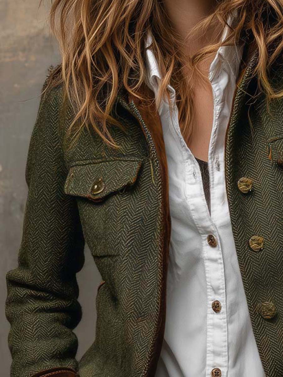 Damen Vintage Fischgrätmuster Blazer mit Kontrastbesatz