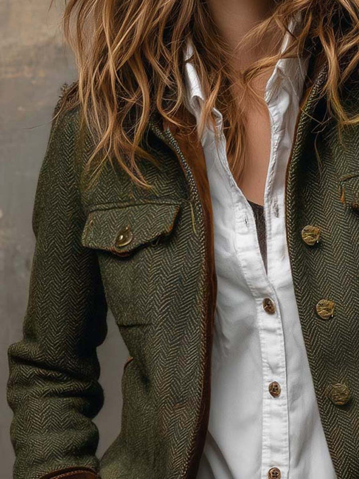 Damen Vintage Fischgrätmuster Blazer mit Kontrastbesatz