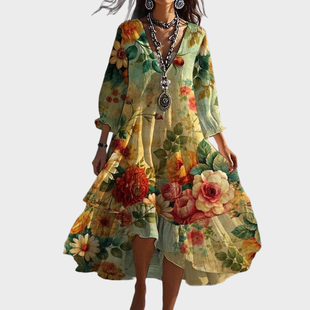 Sophie | Vintage Boho Floral V-Ausschnitt Kleid