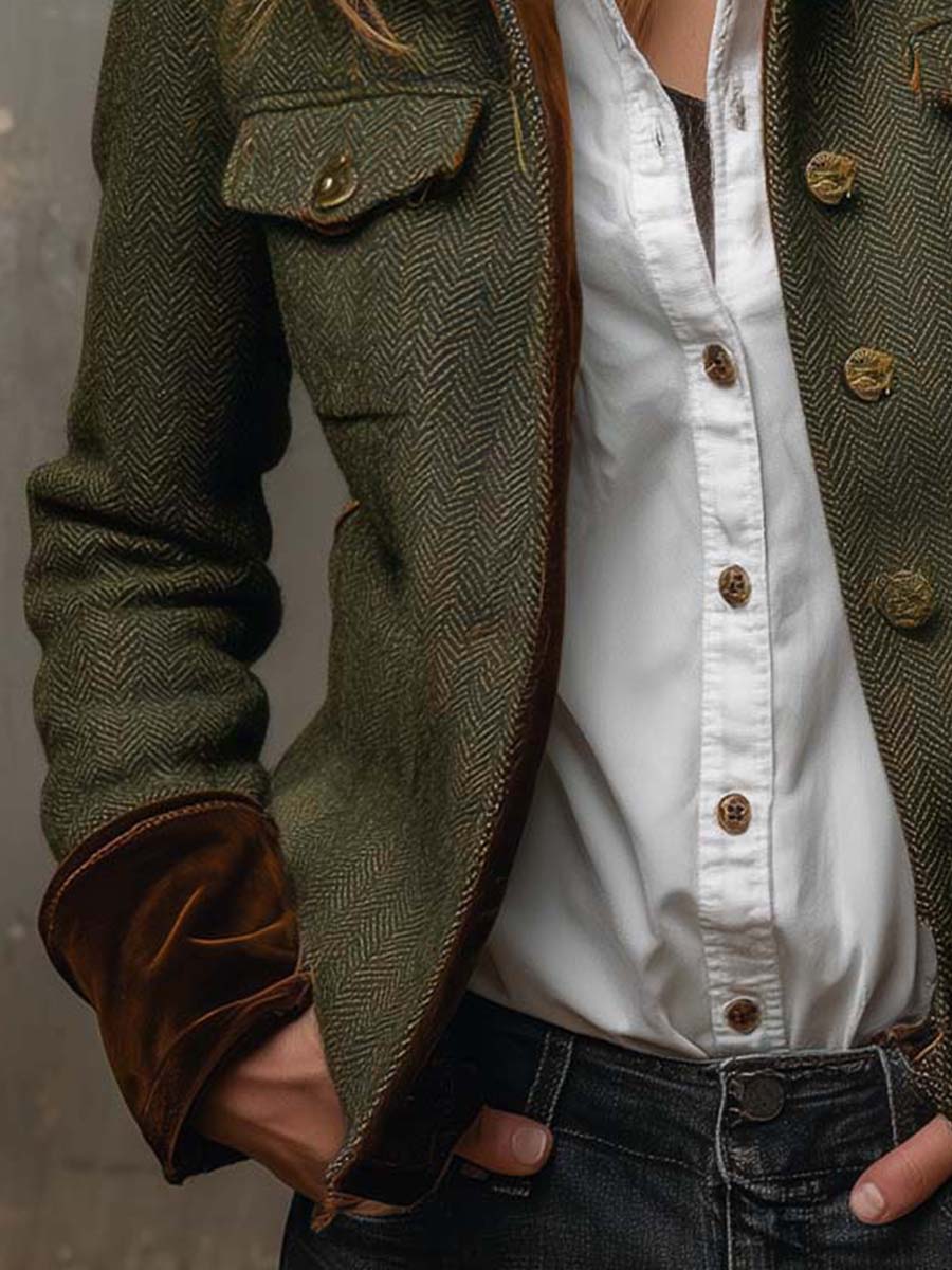 Damen Vintage Fischgrätmuster Blazer mit Kontrastbesatz