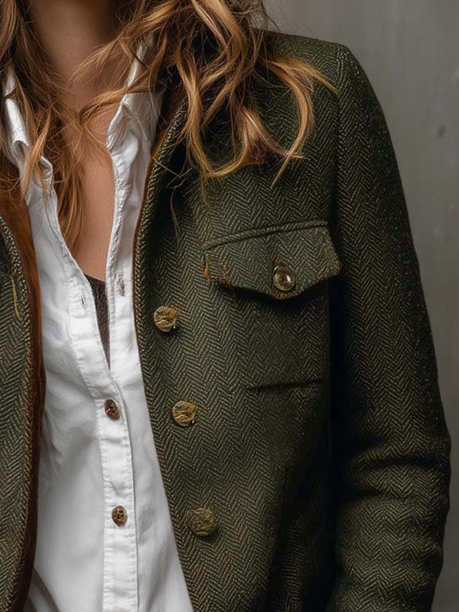 Damen Vintage Fischgrätmuster Blazer mit Kontrastbesatz