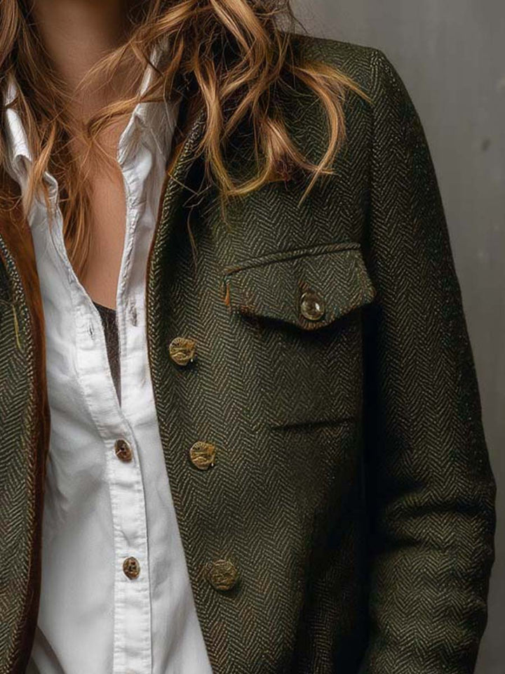 Damen Vintage Fischgrätmuster Blazer mit Kontrastbesatz