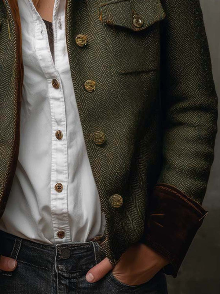 Damen Vintage Fischgrätmuster Blazer mit Kontrastbesatz