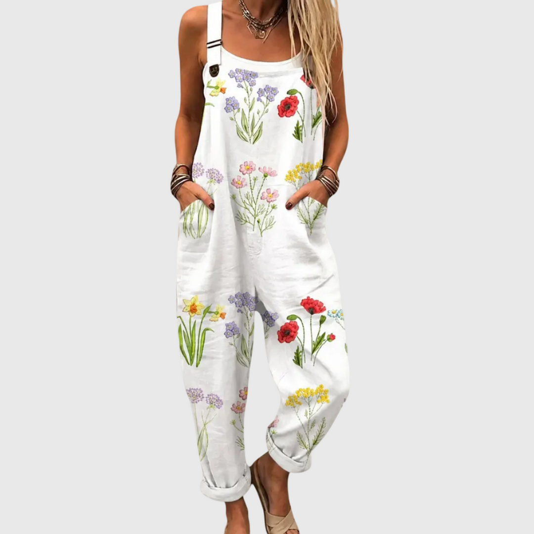 Weiße Latzhose mit Mohn und Narzissen für Damen