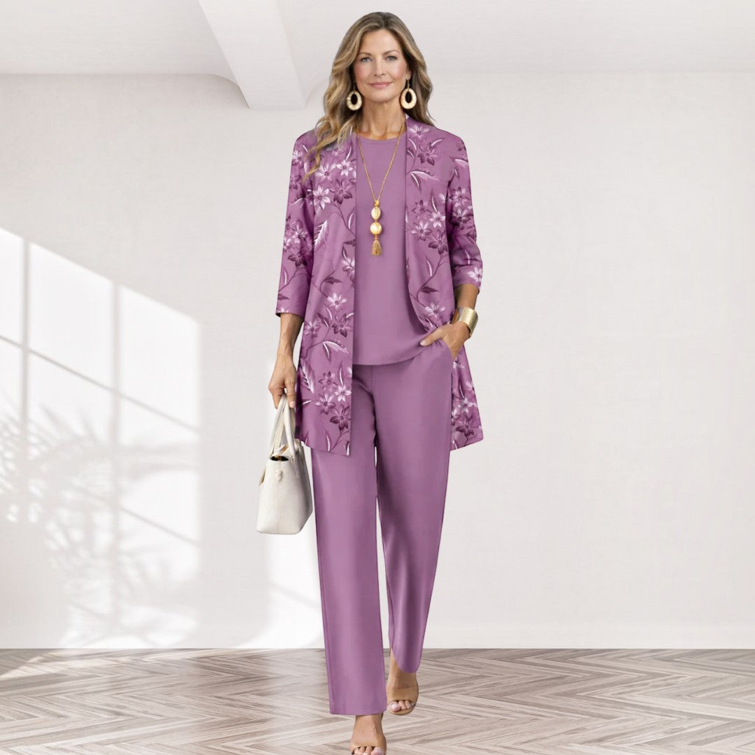 Felicitas – dreiteiliges Damen-Set in kräftigem Rosé: Oberteil, weite Hose und langer Cardigan