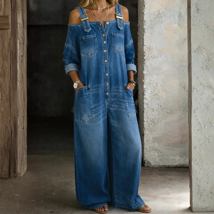 Alwine - Denim-Jumpsuit mit schulterfreien Trägern
