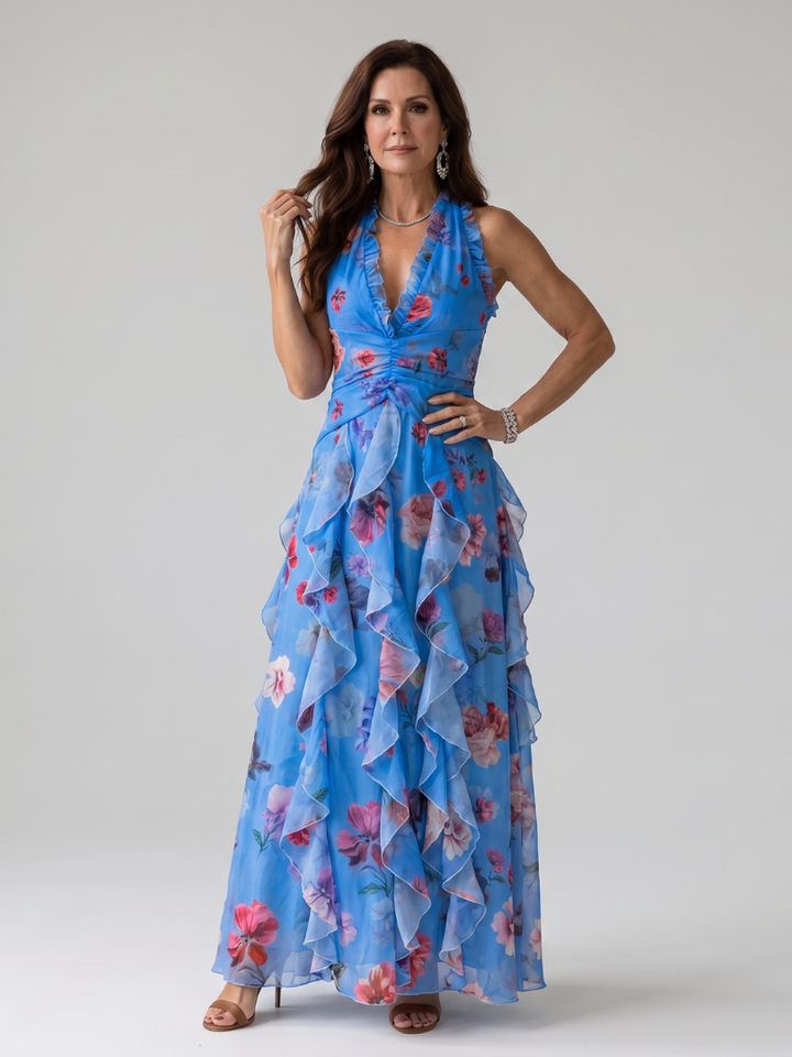 Nori | Halter Neck Rüschenoberteil Floral Maxi Kleid