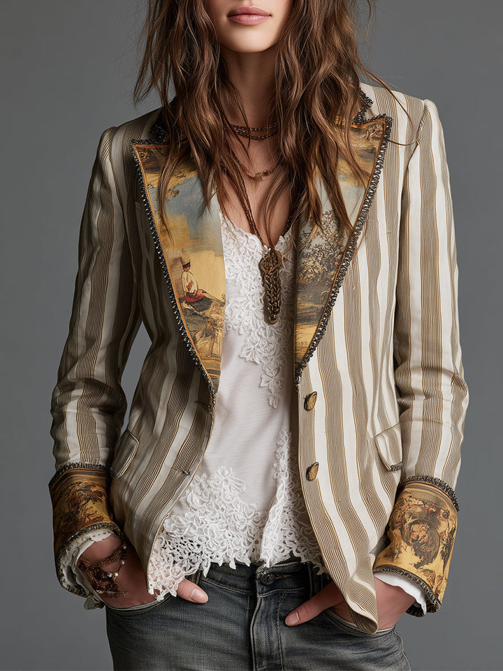 Damen Boho Gestreifter Bedruckter Revers Blazer