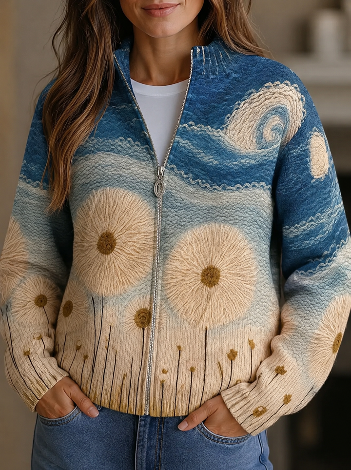 Yolanda™ | Gänseblümchen Wiesen Stepp-Cardigan mit Reißverschluss
