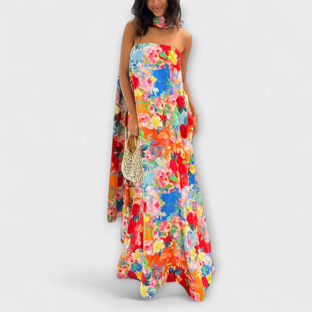 Harlow | Maxikleid mit floralem Druck und schulterfreiem Design