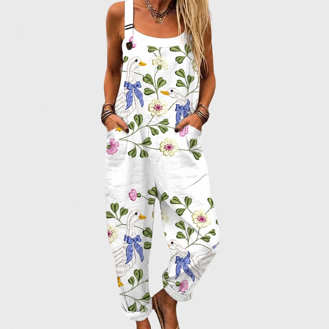 Weiße Latzhose mit Gänsen und Blümchen für Damen
