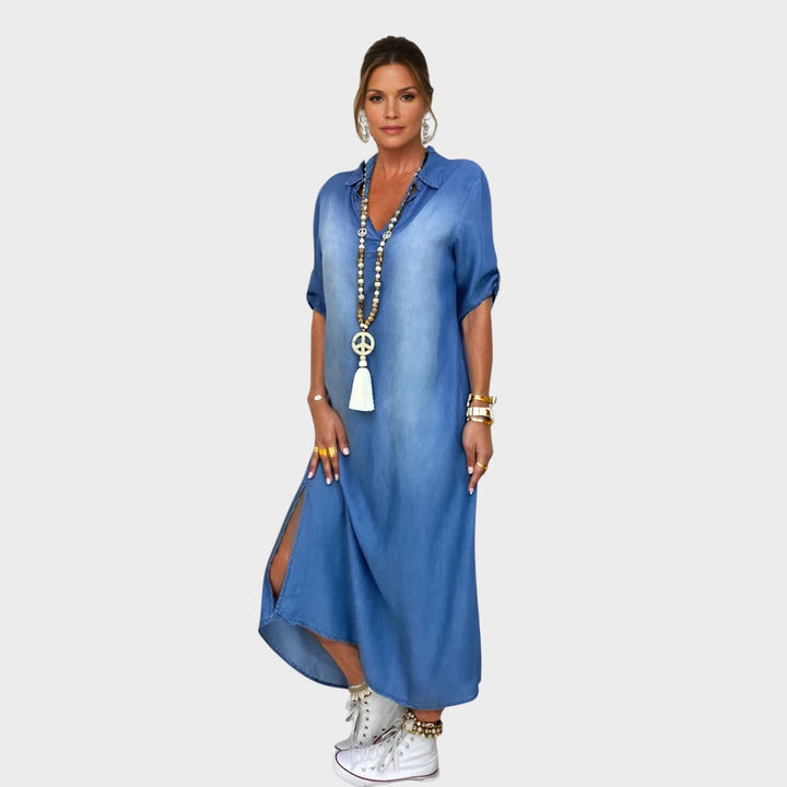 Lea | Langes Denim-Effekt-Kleid mit seitlichem Schlitz