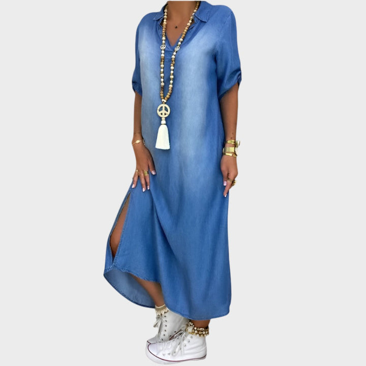 Lea | Langes Denim-Effekt-Kleid mit seitlichem Schlitz