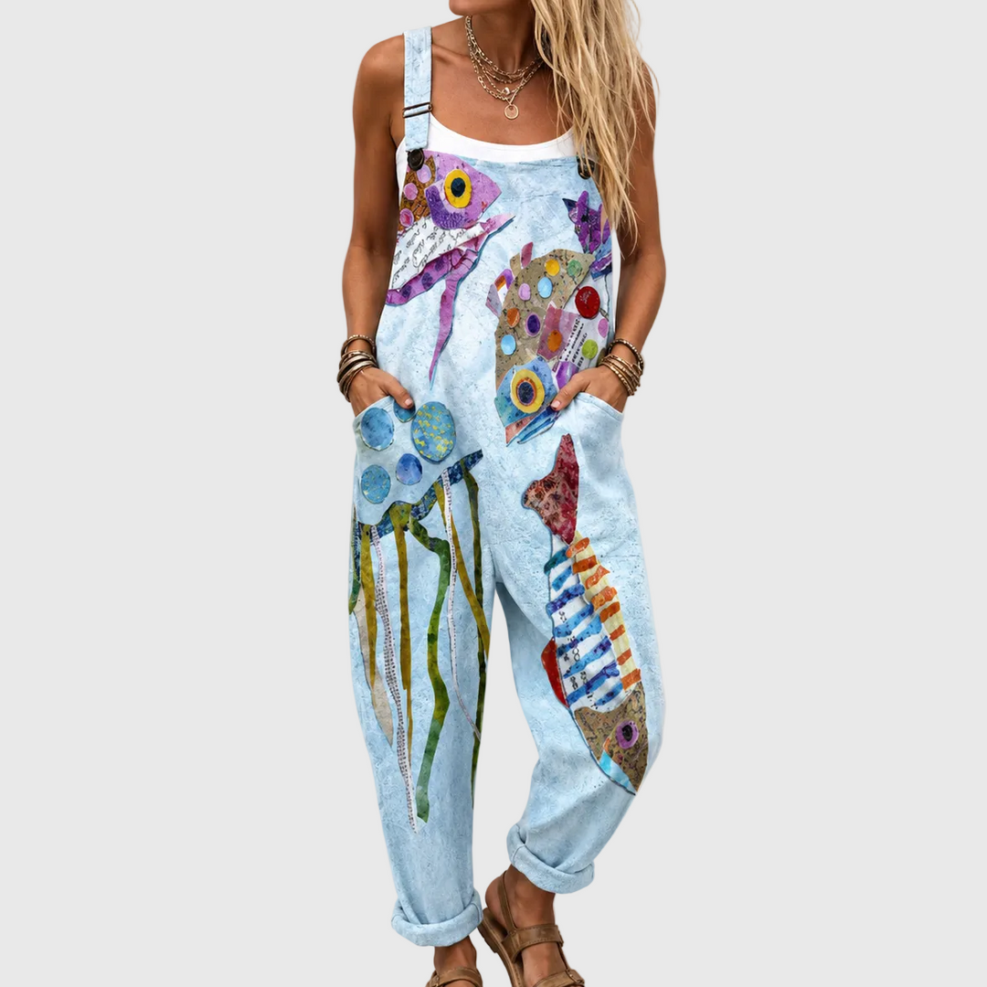 Hellblaue Latzhose mit bunten Fischen für Damen