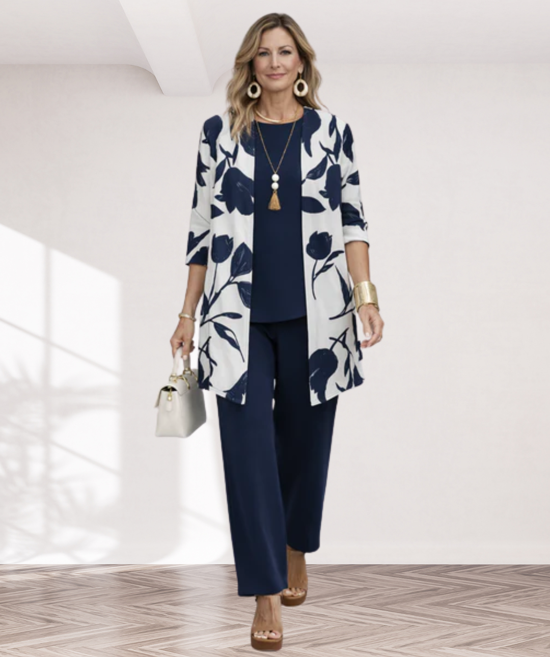 Constanze – dreiteiliges Damen-Set in Marineblau: Oberteil, weite Hose und langer Cardigan