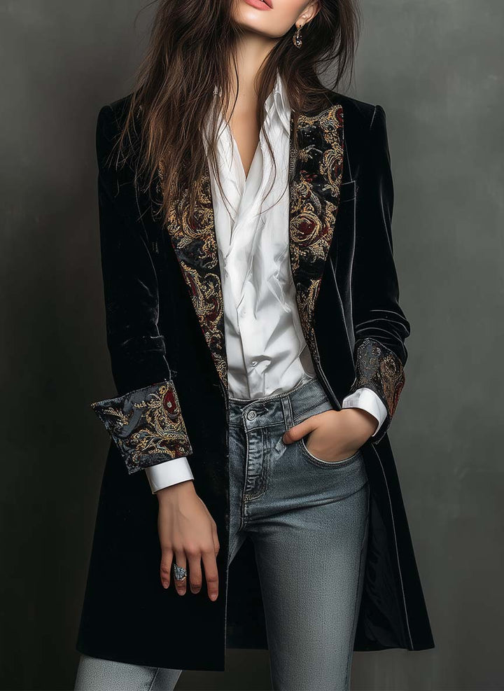 Damen Schwarzer Barockdruck Revers Slim Fit Blazer