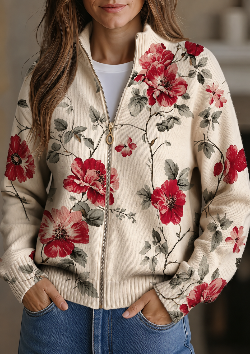 Wilhelmine™ | Vintage-Rosenmuster Zip-Kardigan