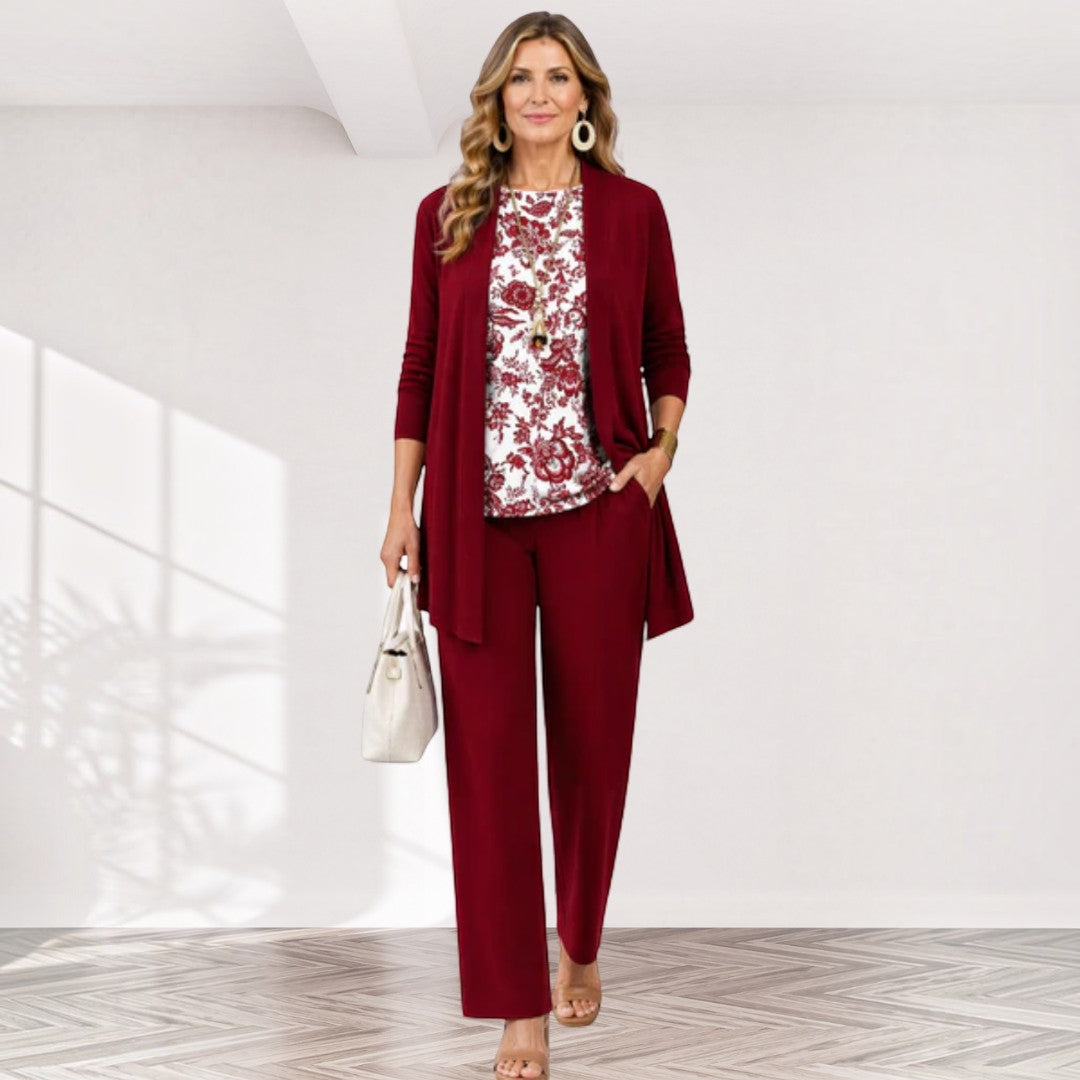 Verena – dreiteiliges Damen-Set in Bordeaux: Oberteil, weite Hose und langer Cardigan