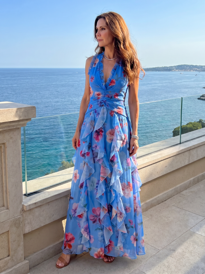 Nori | Halter Neck Rüschenoberteil Floral Maxi Kleid