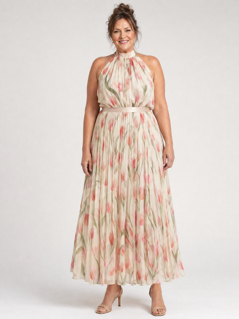 Aurelle | Blumenmuster Midi Kleid mit Halterneck
