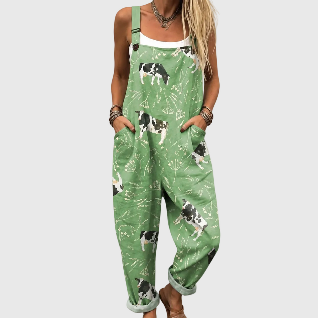 Grüne Latzhose mit Aquarell-Kühen für Damen