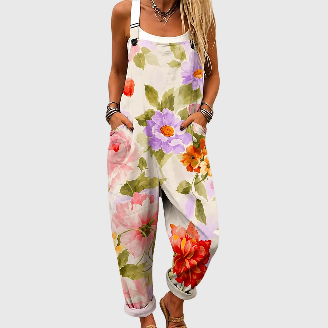 Latzhose mit lila Aquarell-Blüten für Damen