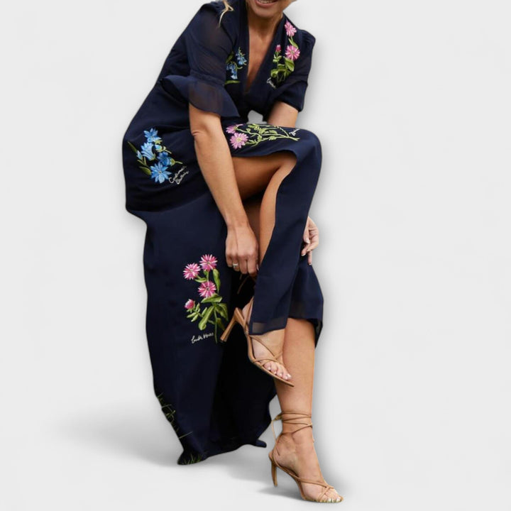 Béatrice | Elegante marineblaue Kleider mit floraler Stickerei