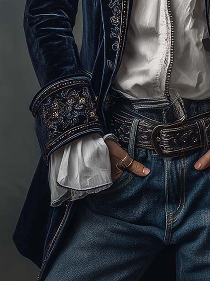 Damen Vintage Marine Bestickte Longline Jacke
