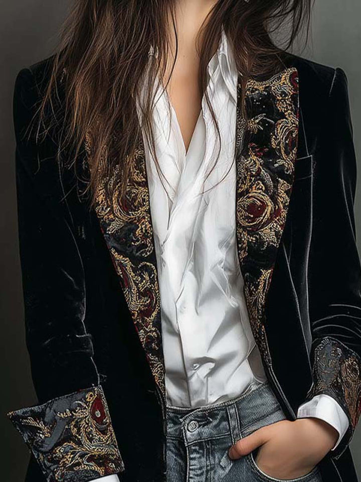 Damen Schwarzer Barockdruck Revers Slim Fit Blazer