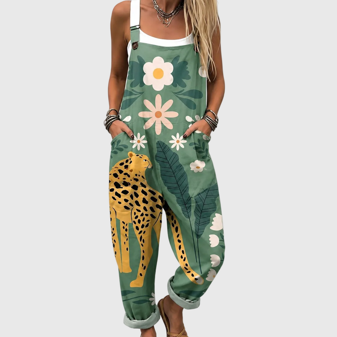 Grüne Latzhose mit Leoparden-Motiv für Damen