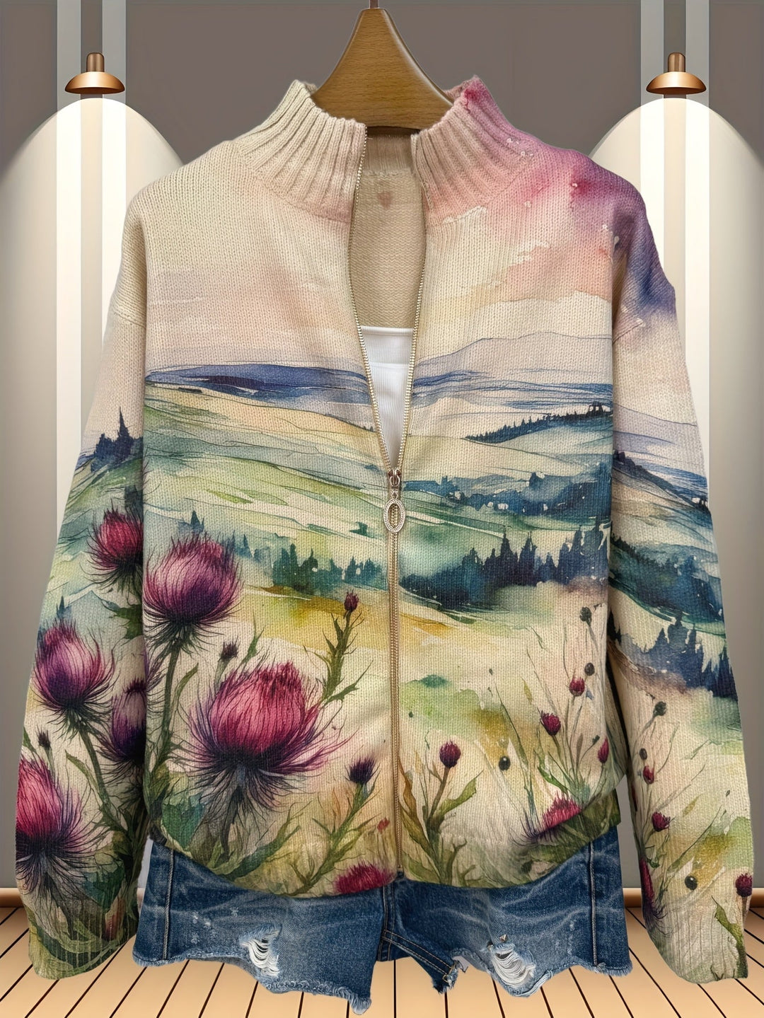 Zelda™ | Schottische Distel Landschaft Zip Cardigan