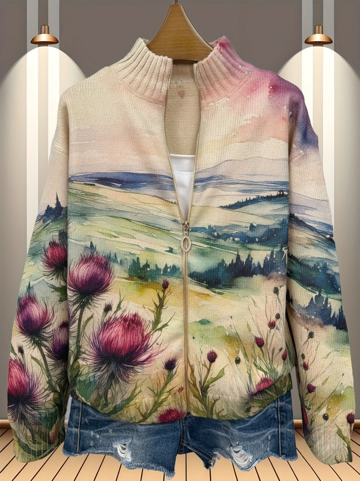 Zelda™ | Schottische Distel Landschaft Zip Cardigan