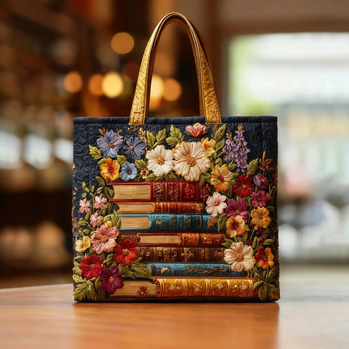 Handgefertigte Tasche | Blumenmuster und Bücher