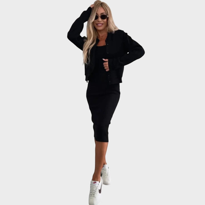 Karin | Midi-Kleid und Bomberjacke aus Rippstrick