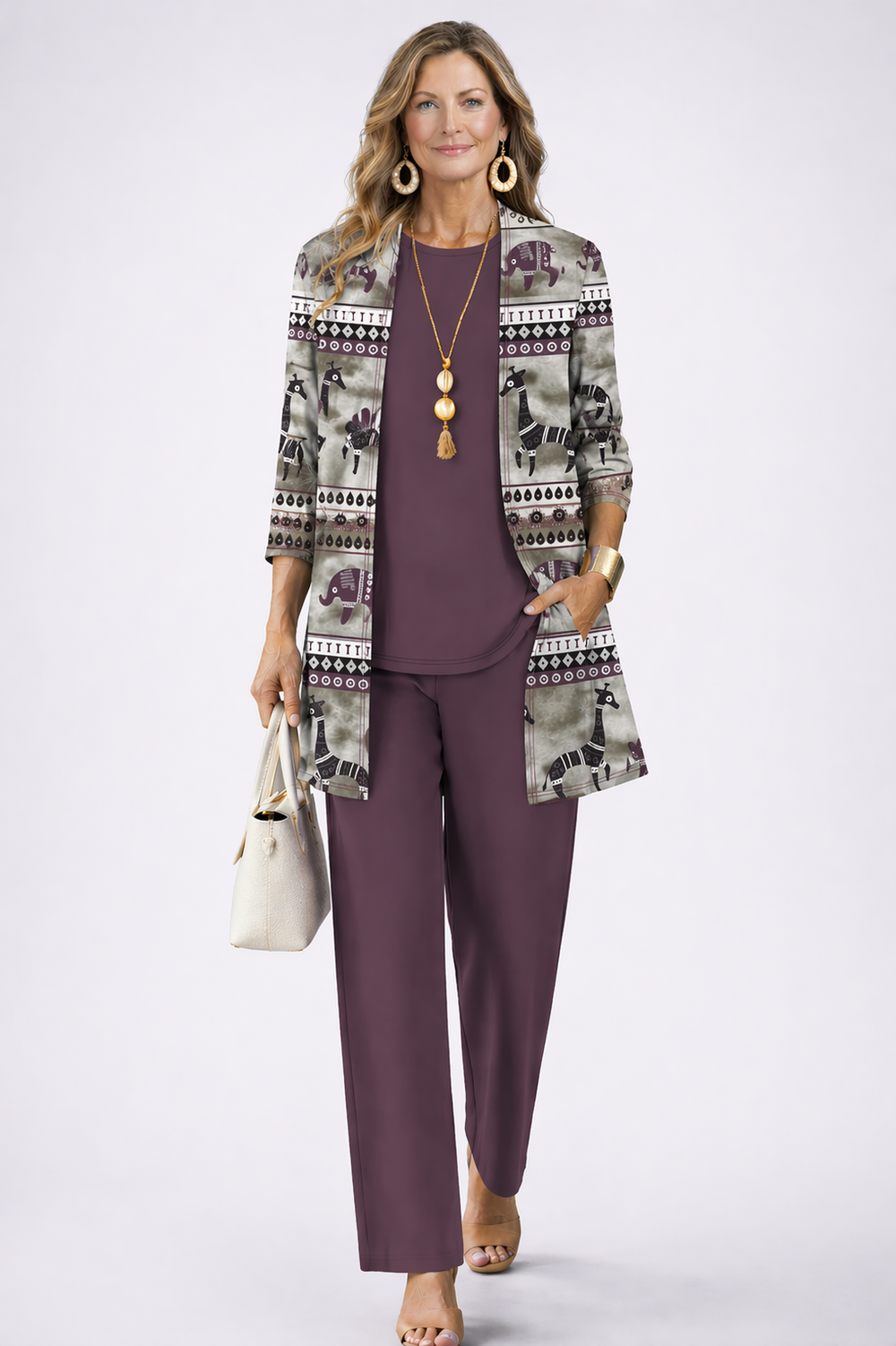 Elke – Set in Mauve, langer Cardigan offen über dem Oberteil
