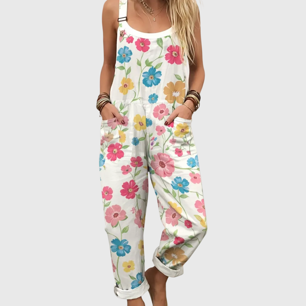 Weiße Latzhose mit Streublümchen für Damen