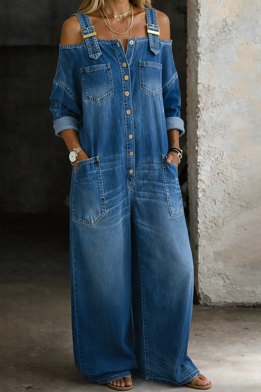 Alwine - Denim-Jumpsuit mit schulterfreien Trägern